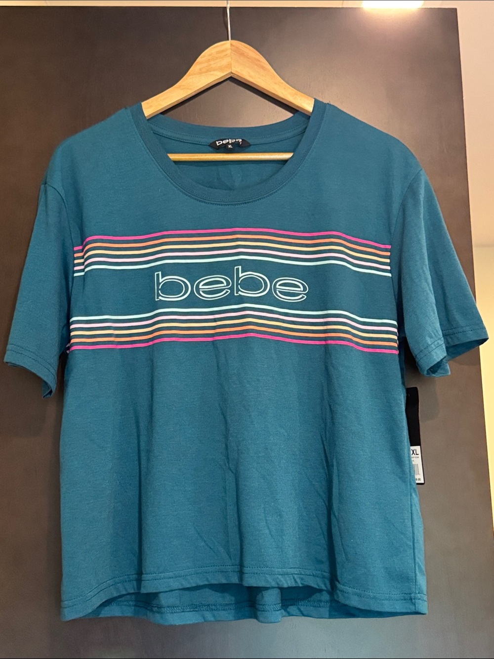 NWT BEBE Stripe Logo Boxy Tee-Deep Ocean Color
